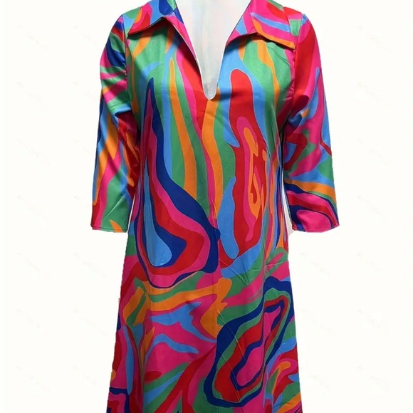 Abstract Ripple Print Dress, Casual V Neck 3/4 Sleeve Dress - Picture 3 of 4